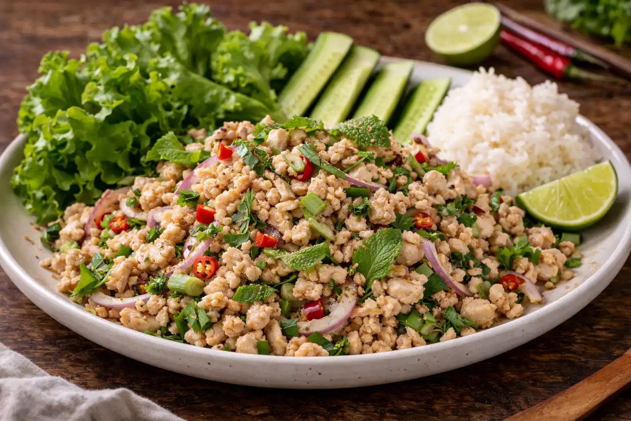 Тёплый салат из куриного фарша с лаймом, рыбным соусом, мятой и обжаренным рисом.