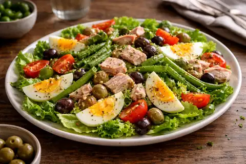 Французский салат нисуаз с тунцом, фасолью, яйцами и оливками.