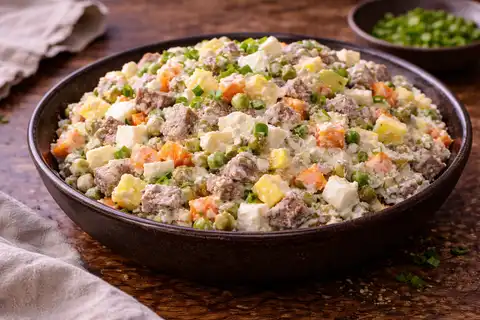 Классический русский мясной салат с говядиной, овощами, яйцами и нежной майонезной заправкой.