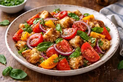 Тосканский салат панцанелла с сочными томатами, хрустящим хлебом и ароматным базиликом.