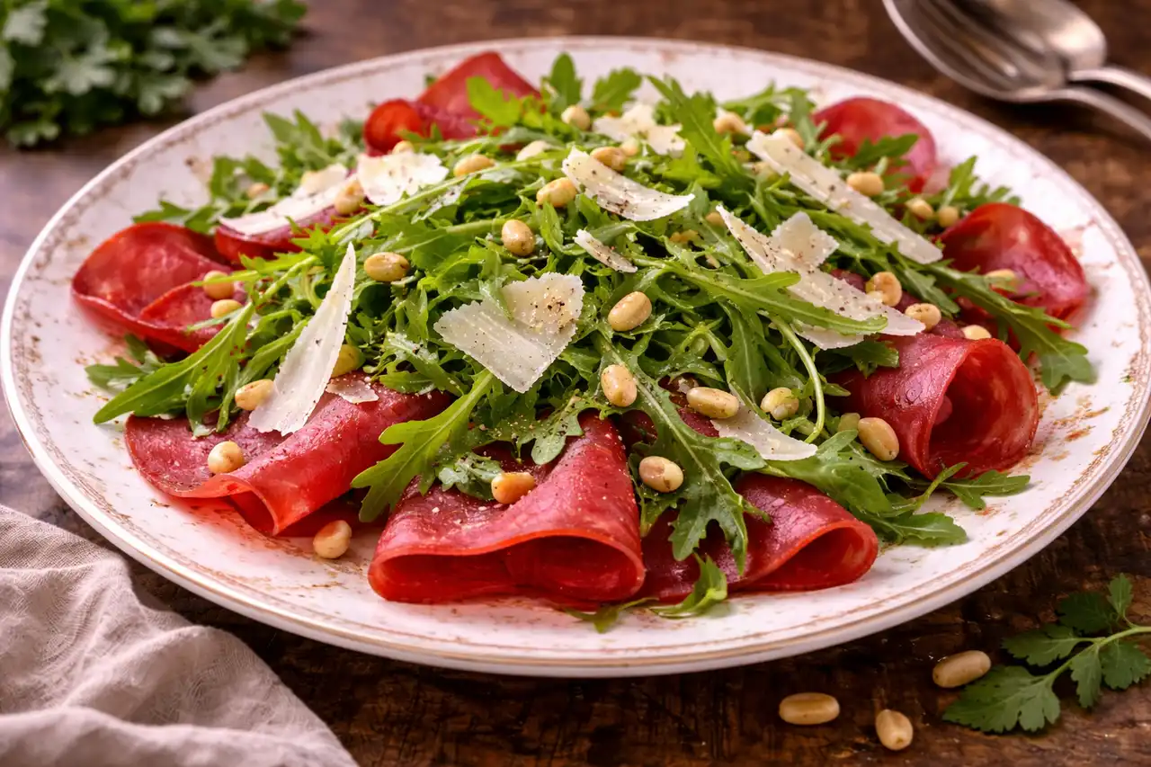 Лёгкий итальянский салат из брезаолы, рукколы, пармезана и лимонной заправки.