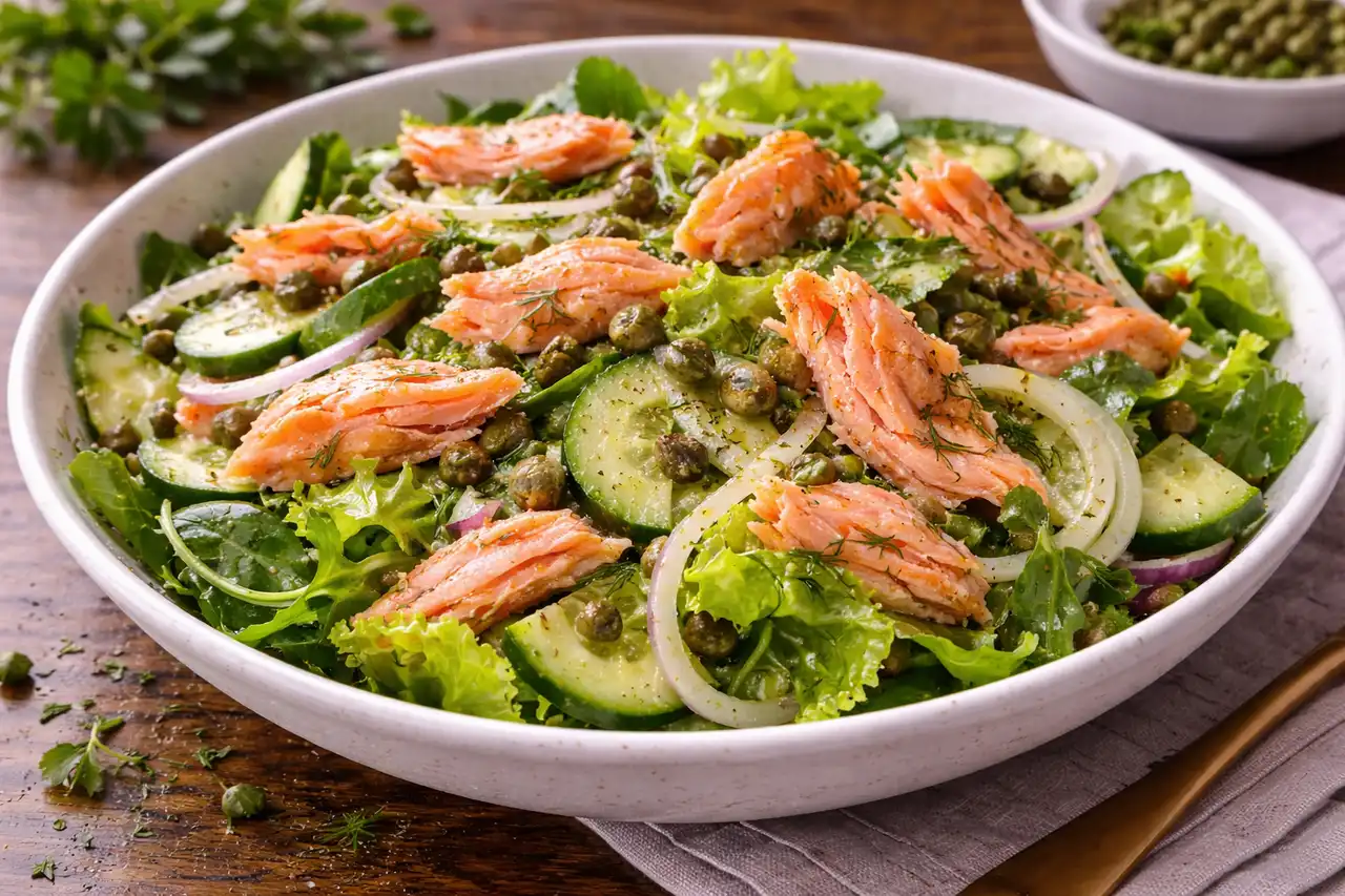 Лёгкий салат с копчёной форелью, хрустящим фенхелем и цитрусовой заправкой.