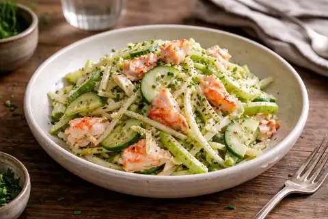 Лёгкий морской салат с нежным крабом, хрустящим фенхелем и свежей лимонно-горчичной заправкой.