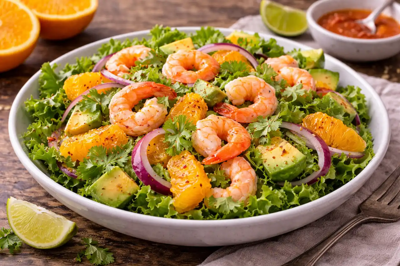 Лёгкий салат с креветками, апельсином и авокадо в сладко-чили заправке.