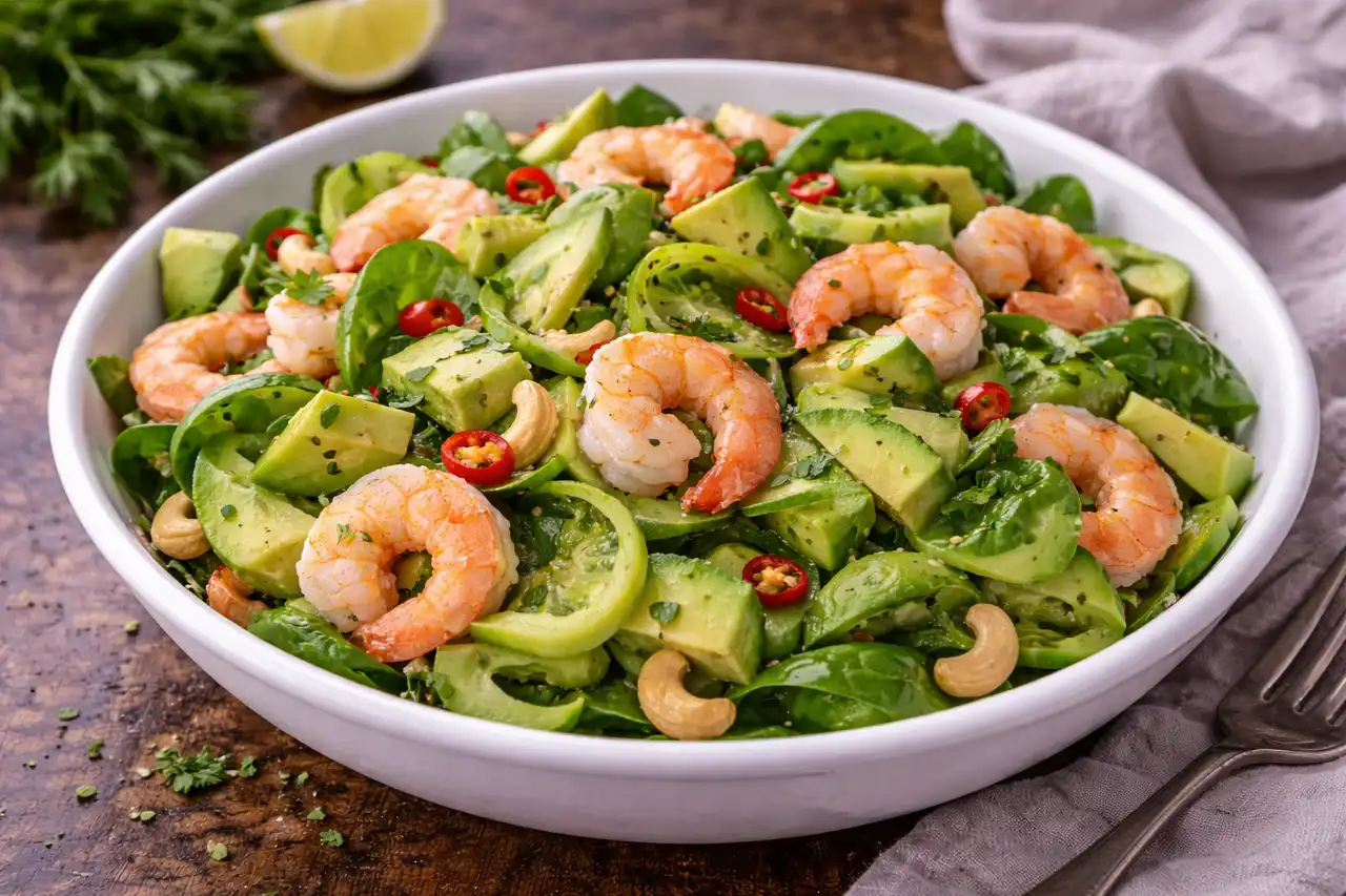 Лёгкий салат с креветками, авокадо и огурцом в лаймовой заправке.