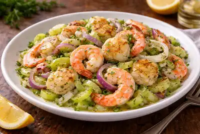 Нежный салат с креветками, гребешками и сельдереем в лёгкой лимонно-горчичной заправке.