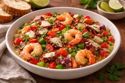 Освежающий испанский салат из креветок и осьминога с томатами, луком и цитрусовой заправкой.