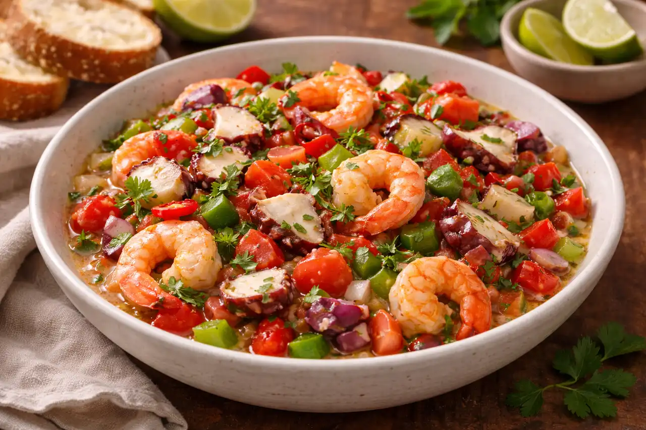 Освежающий испанский салат из креветок и осьминога с томатами, луком и цитрусовой заправкой.