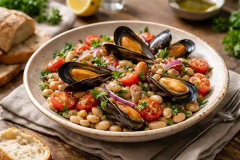 Тёплый средиземноморский салат с мидиями, белой фасолью, томатами и лимонно-чесночной заправкой.