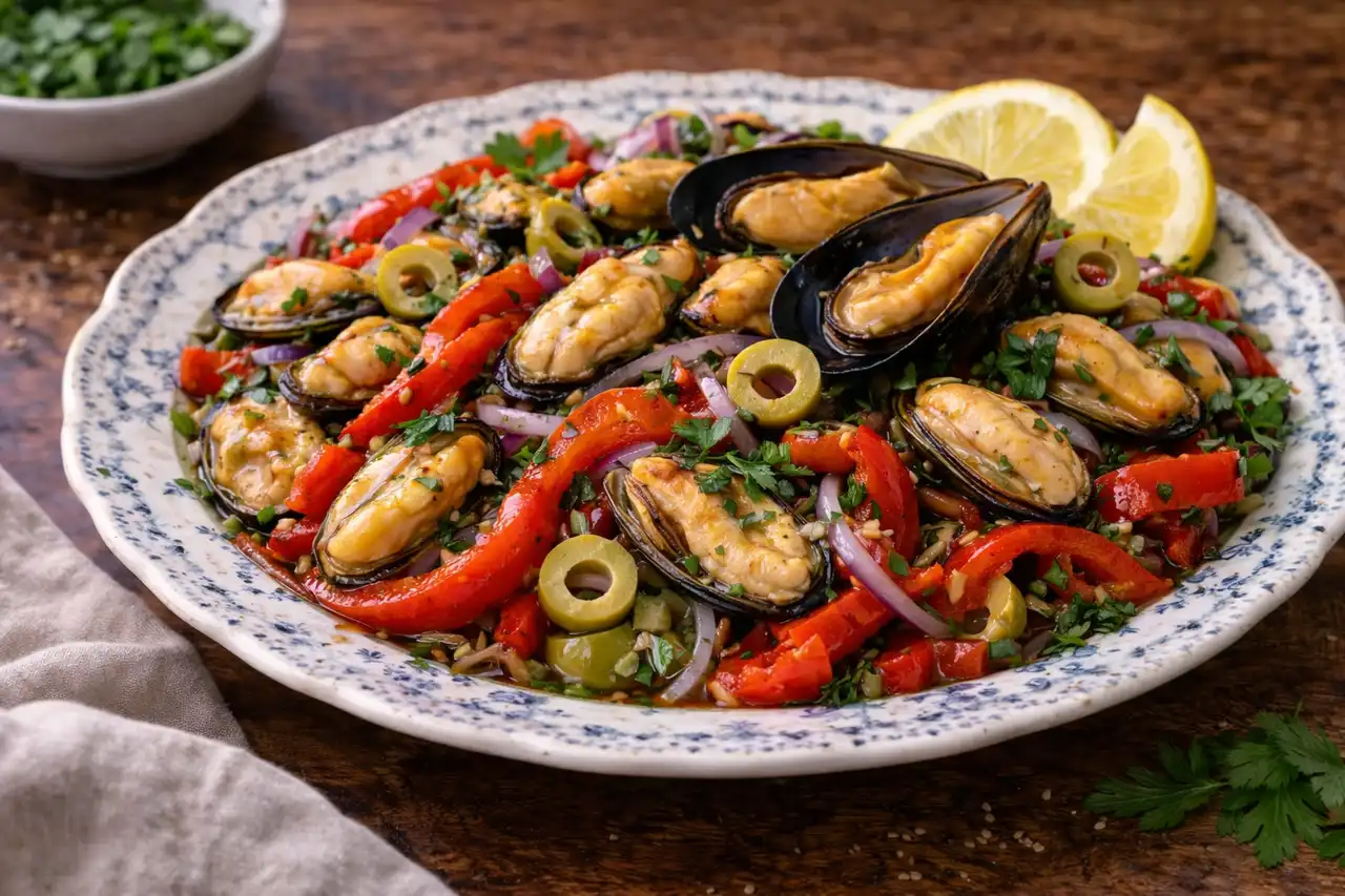 Холодный испанский салат с мидиями, печёным сладким перцем, оливками и лимонной заправкой.