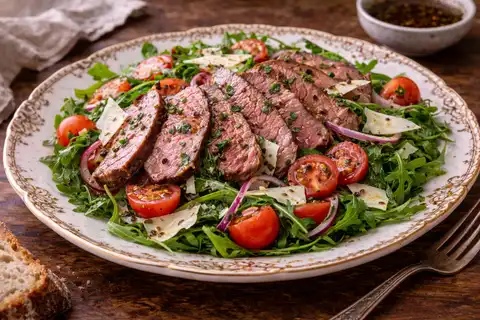 Сытный салат с ломтиками ростбифа, свежей рукколой, томатами и пикантной горчично-бальзамической заправкой.