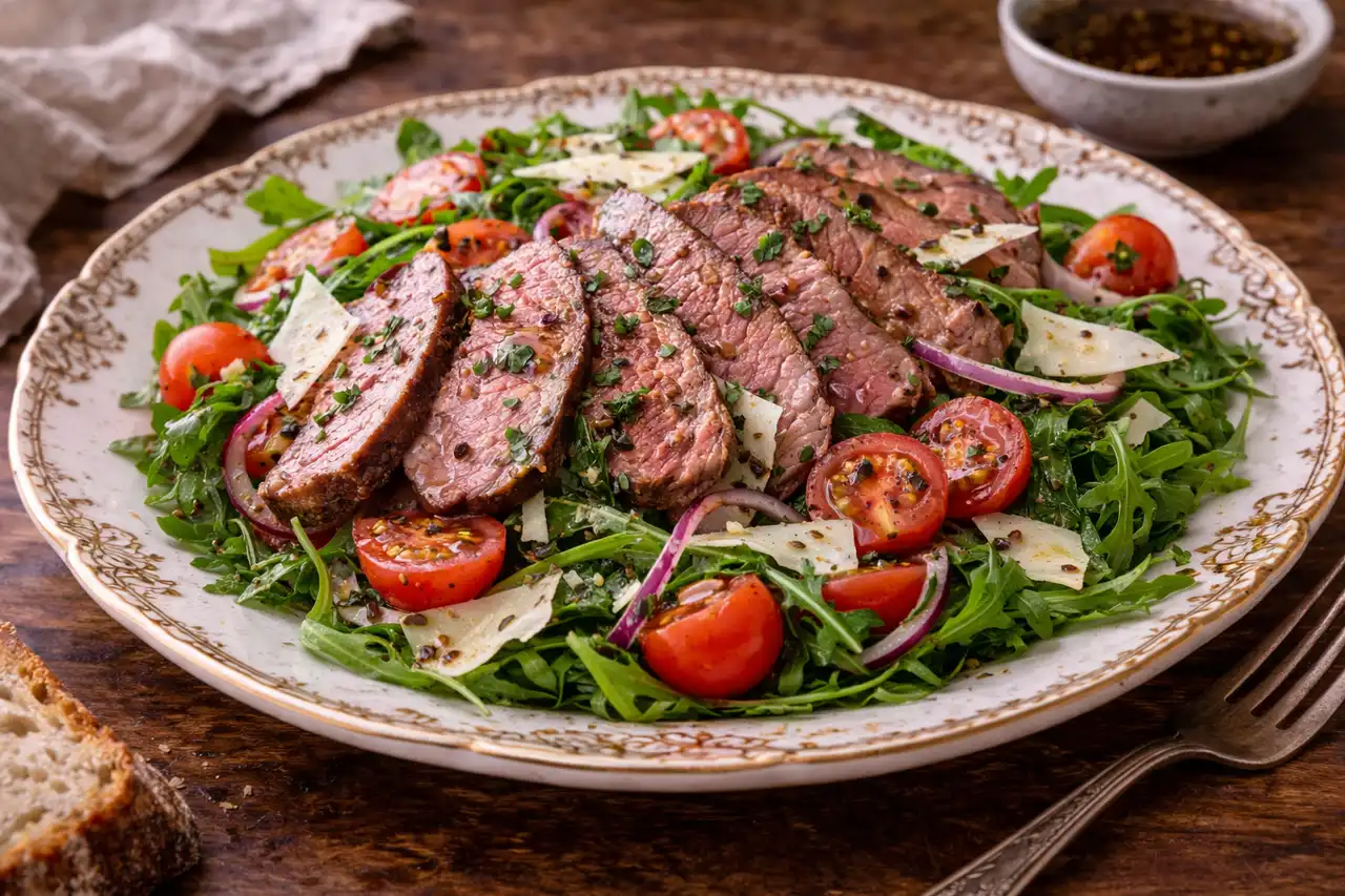Сытный салат с ломтиками ростбифа, свежей рукколой, томатами и пикантной горчично-бальзамической заправкой.