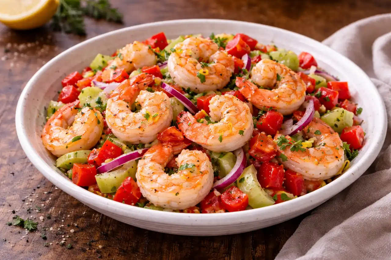 Лёгкий салат с запечёнными креветками, хрустящими овощами и цитрусовой заправкой.