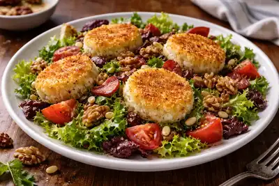 Французский тёплый салат с румяным козьим сыром, беконом и орехами.