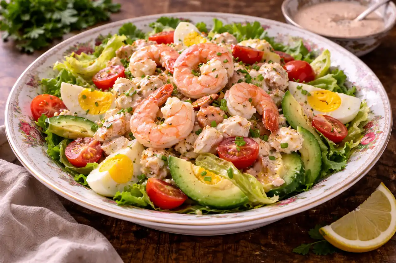 Сытный американский салат с креветками и крабом под сливочно-томатной заправкой Луи.