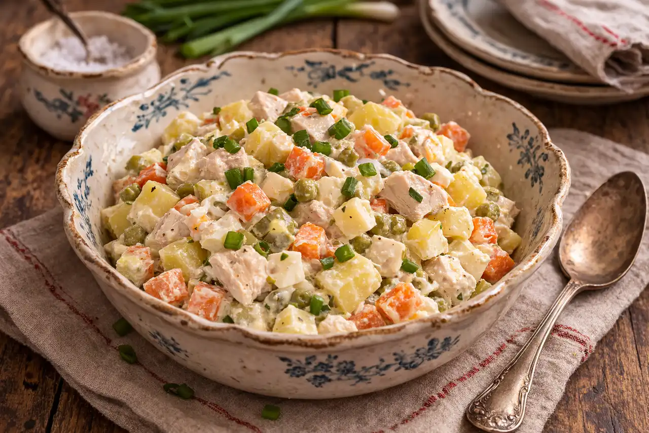 Классический русский мясной салат с курицей, картофелем, огурцами и нежной майонезной заправкой.