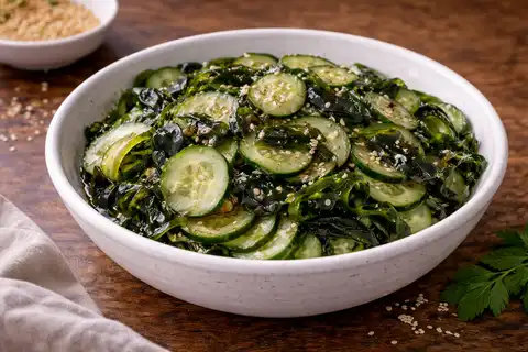 Лёгкий японский салат из огурца и водорослей вакаме с кисло-сладкой рисовой заправкой.