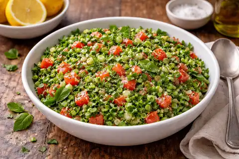Освежающий табуле с петрушкой, мятой, булгуром и лимонной заправкой.