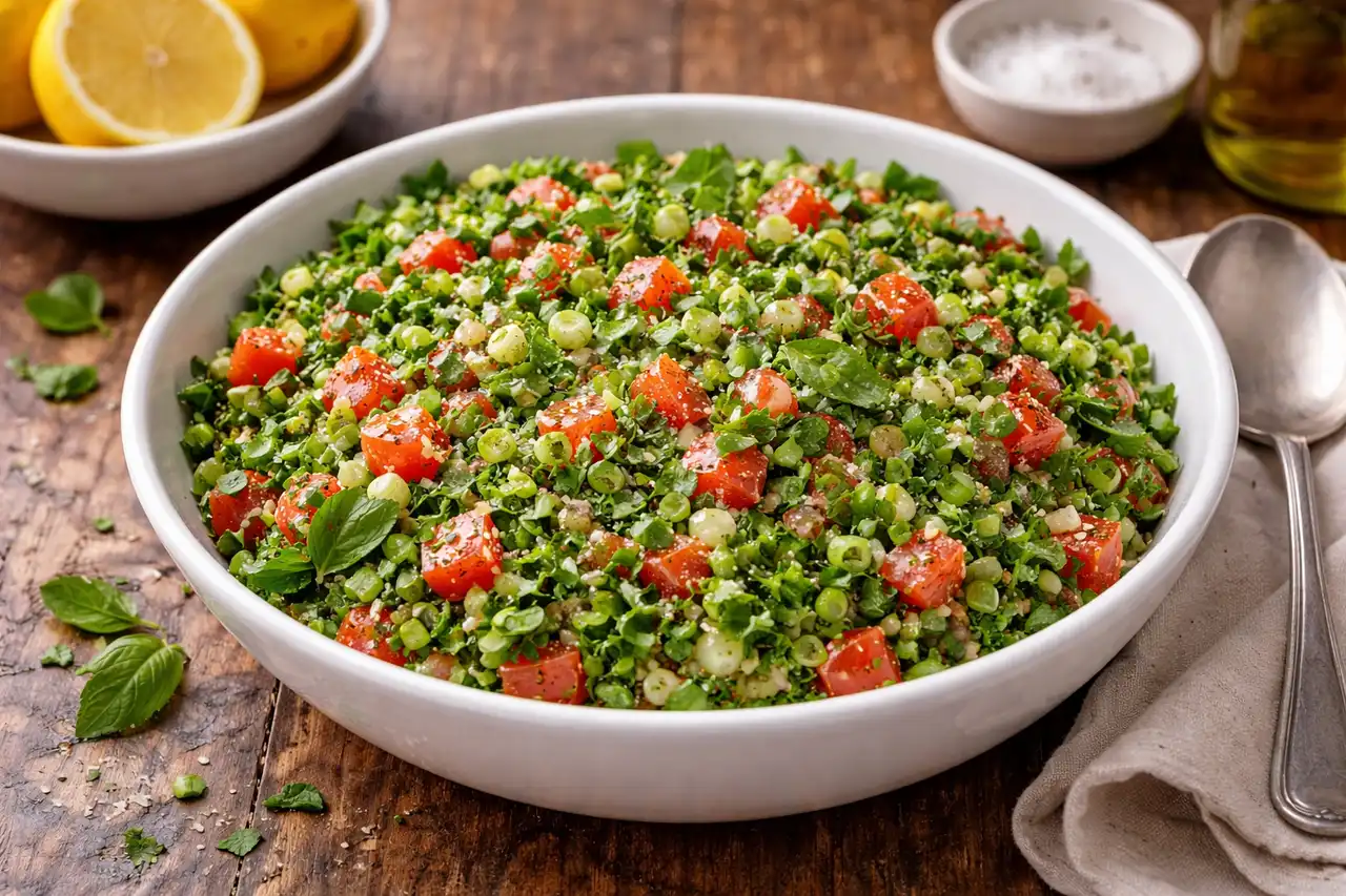 Освежающий табуле с петрушкой, мятой, булгуром и лимонной заправкой.