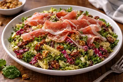 Итальянский салат с радиччио, эндивием, прошутто и сырной заправкой на основе горгонзолы.