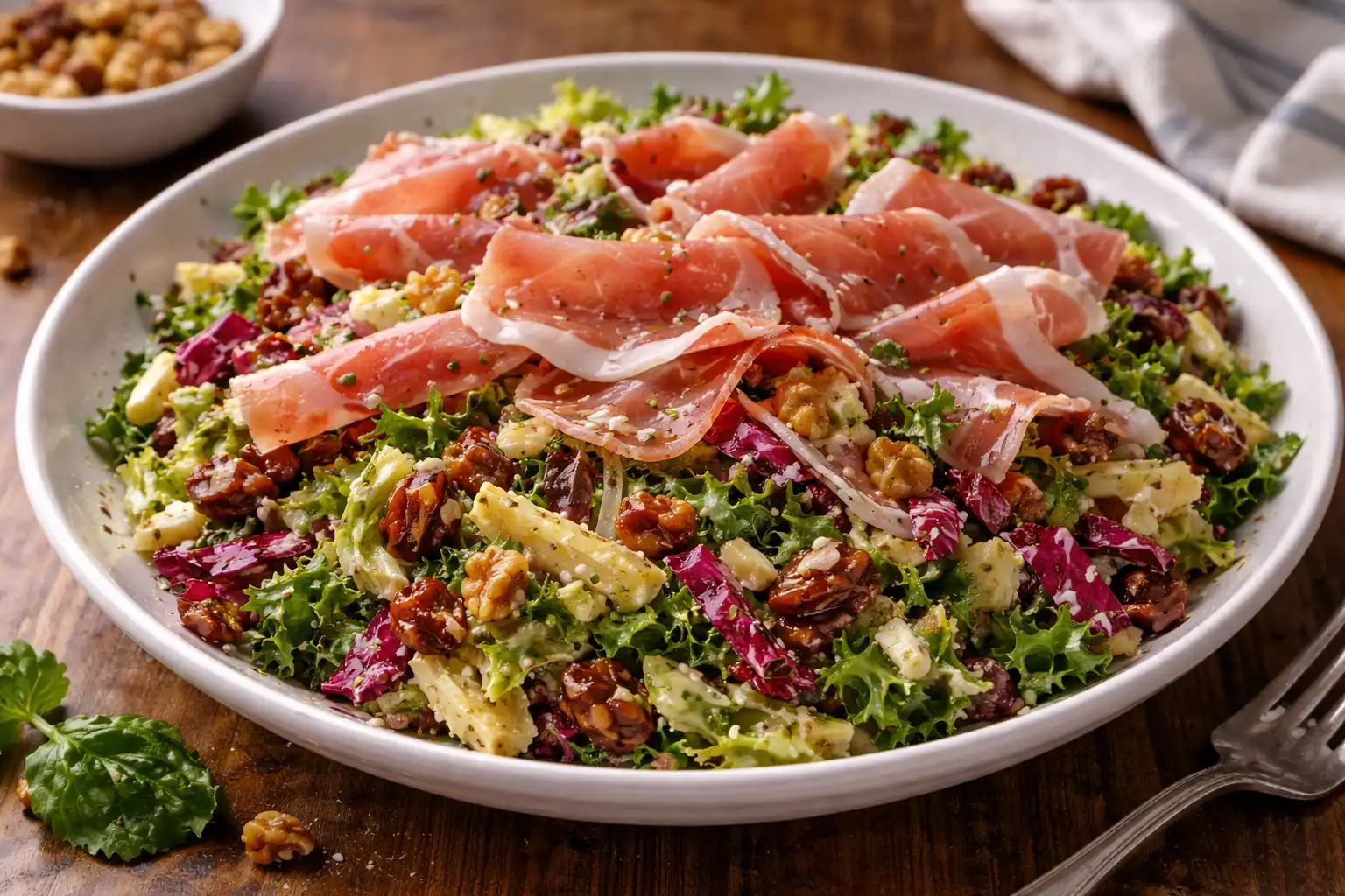 Итальянский салат с радиччио, эндивием, прошутто и сырной заправкой на основе горгонзолы.