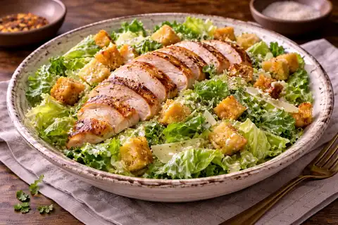 Сытный салат с курицей, ромэном, хрустящими крутонами и классической цезарь-заправкой.