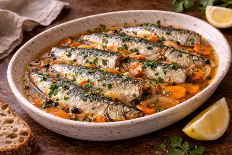 Испанская закуска из сардин в ароматном кисло-пряном маринаде на основе уксуса и оливкового масла.