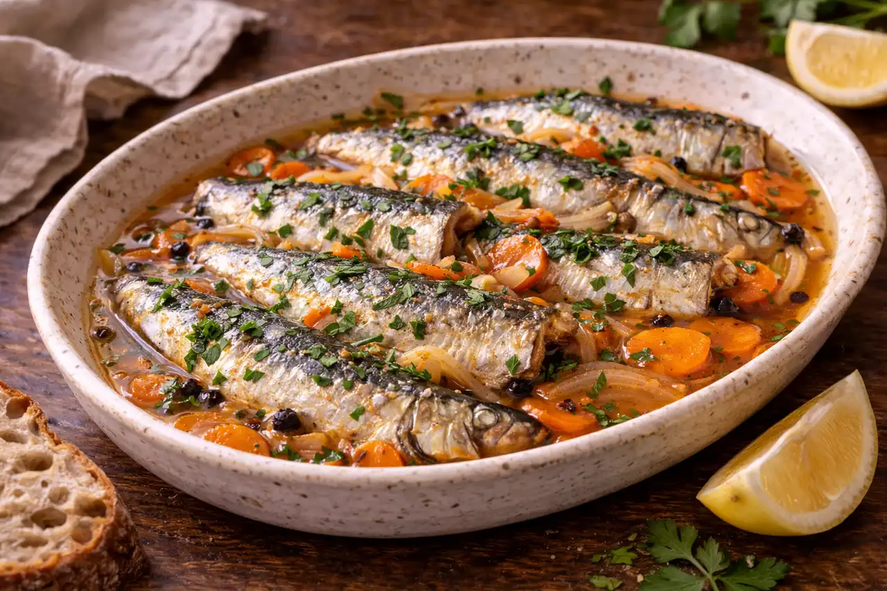 Испанская закуска из сардин в ароматном кисло-пряном маринаде на основе уксуса и оливкового масла.