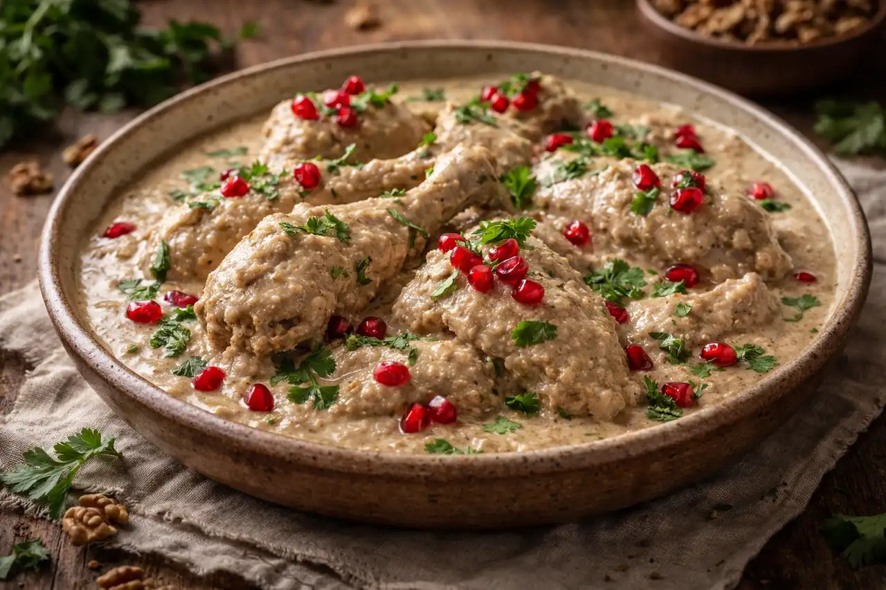 Классическая грузинская закуска из курицы в густом ореховом соусе с чесноком и пряностями.