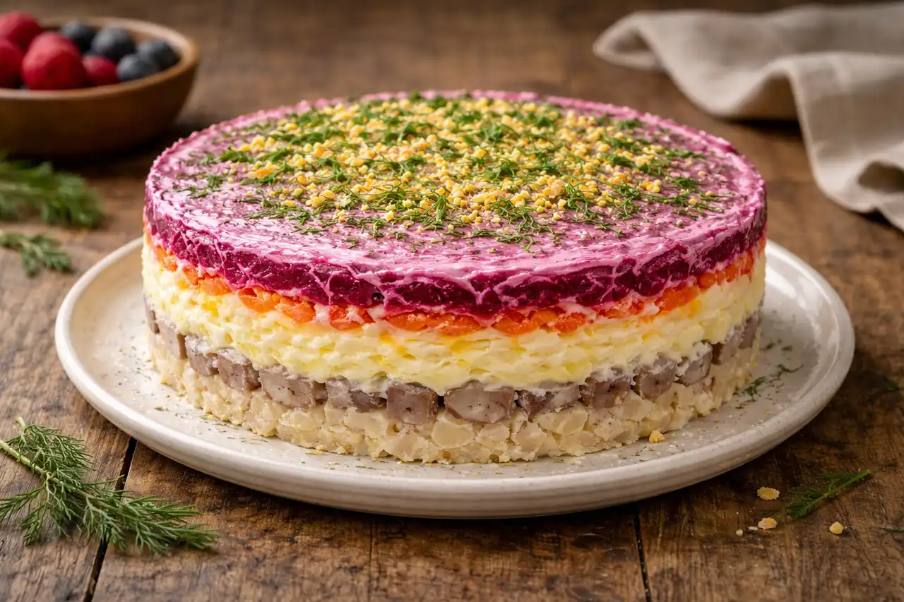 Знаковый слоёный салат русской кухни с сельдью, овощами, яйцами и майонезом.
