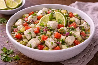 Свежая мексиканская закуска из маринованной в соке лайма белой рыбы с томатами и кинзой.