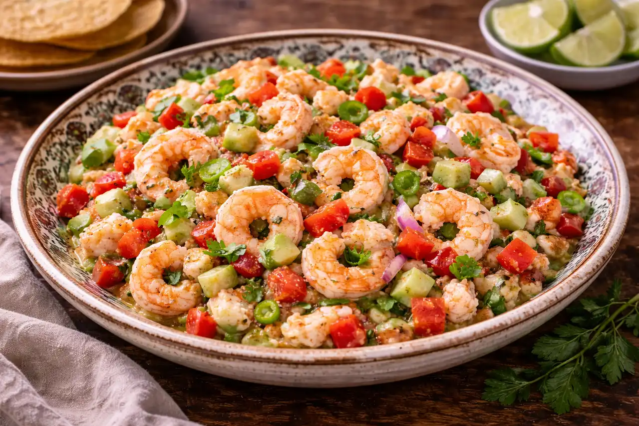 Освежающий мексиканский салат из креветок с лаймом, томатами, красным луком и кинзой.