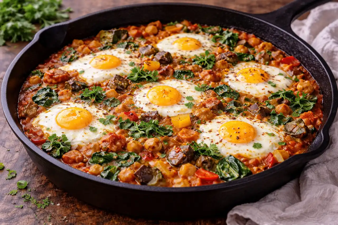 Яйца, томлённые в густом томатном соусе с баклажаном, нутом и пряностями.