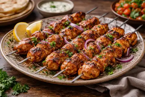 Сочные куриные шашлычки в йогуртовом маринаде с чесноком, лимоном и восточными специями.