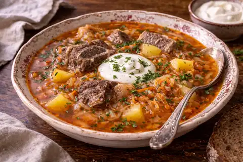 Классические русские щи на говяжьем бульоне с квашеной капустой, корнеплодами и насыщенным вкусом.