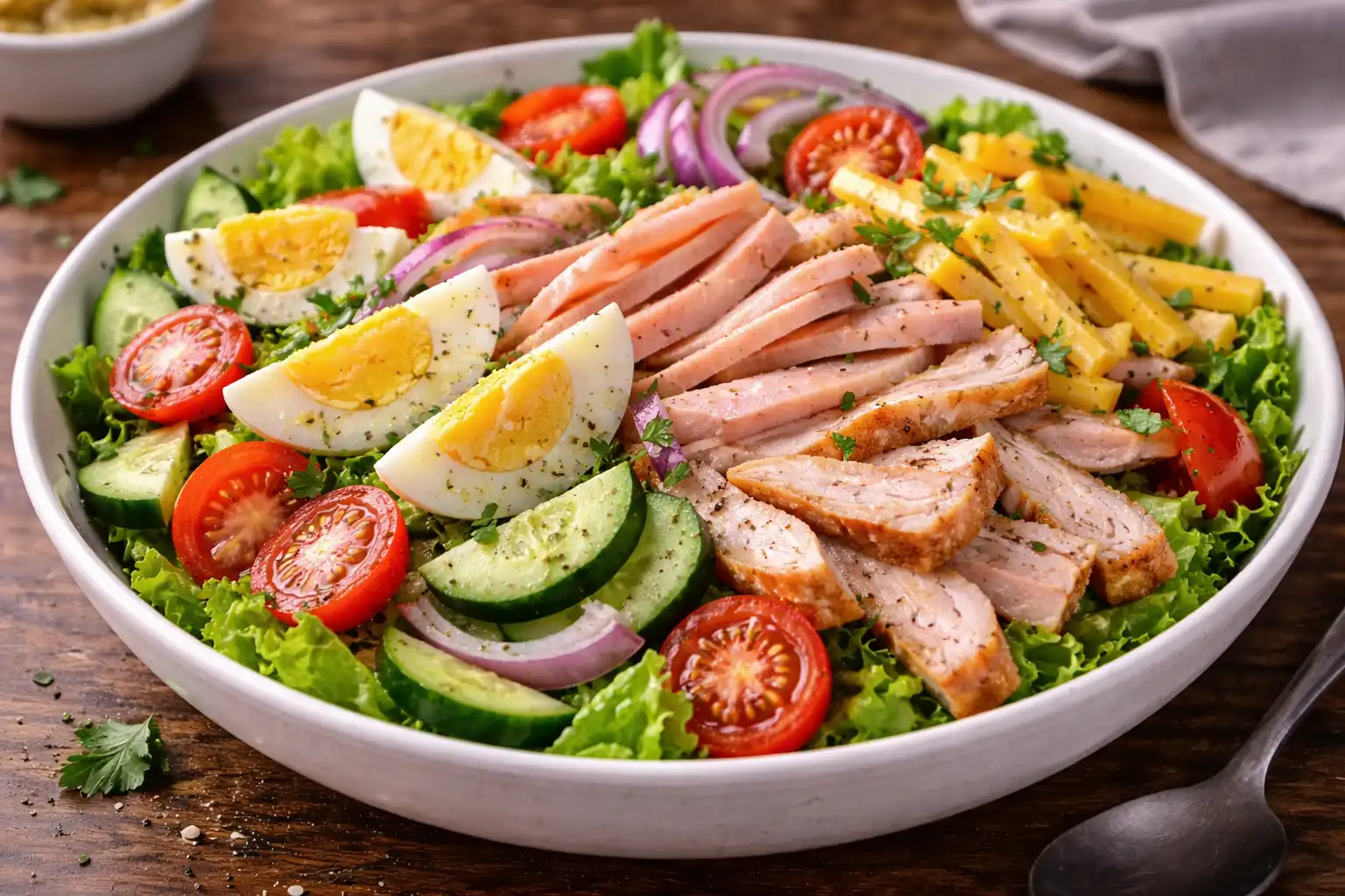 Сытный салат с индейкой, ветчиной, яйцом, сыром и хрустящими овощами в классическом американском стиле.