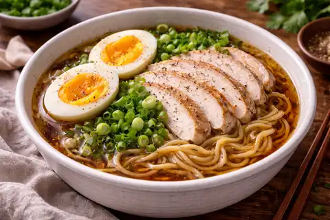 Японский суп-лапша с насыщенным бульоном, курицей, яйцом и соевым соусом в стиле шою рамен.