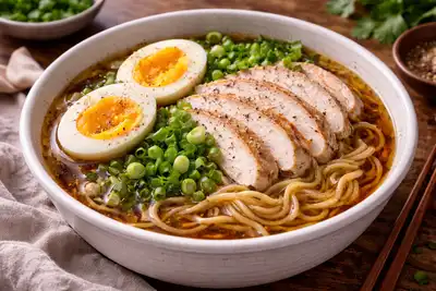 Японский суп-лапша с насыщенным бульоном, курицей, яйцом и соевым соусом в стиле шою рамен.