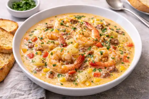 Сытный суп с креветками, чоризо, картофелем и кукурузой в пряном томатно-сливочном бульоне.