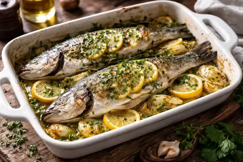 Целый сибас, запечённый с фенхелем, лимоном и белым вином в средиземноморском стиле.