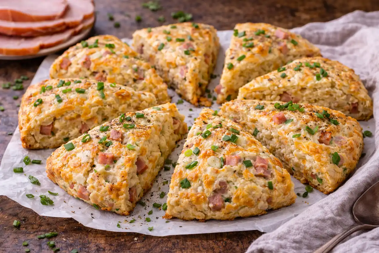 Рассыпчатые солёные сконы с ветчиной и сыром для плотного перекуса.