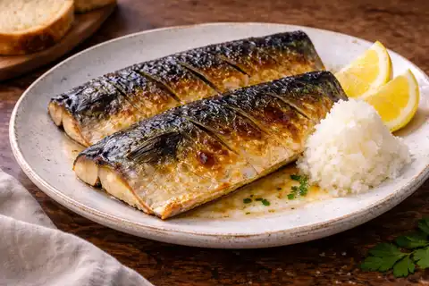 Японская жареная скумбрия с солью и лимоном, где главный акцент сделан на чистом вкусе рыбы.