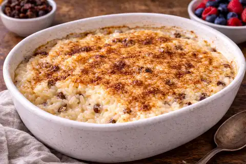 Нежный британский рисовый пудинг на молоке и сливках с ванильным ароматом и золотистой корочкой.