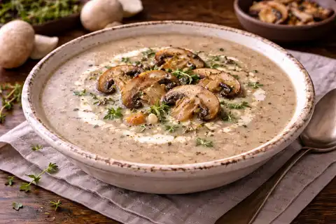 Нежный крем-суп из шампиньонов со сливками и деликатным ароматом тимьяна.