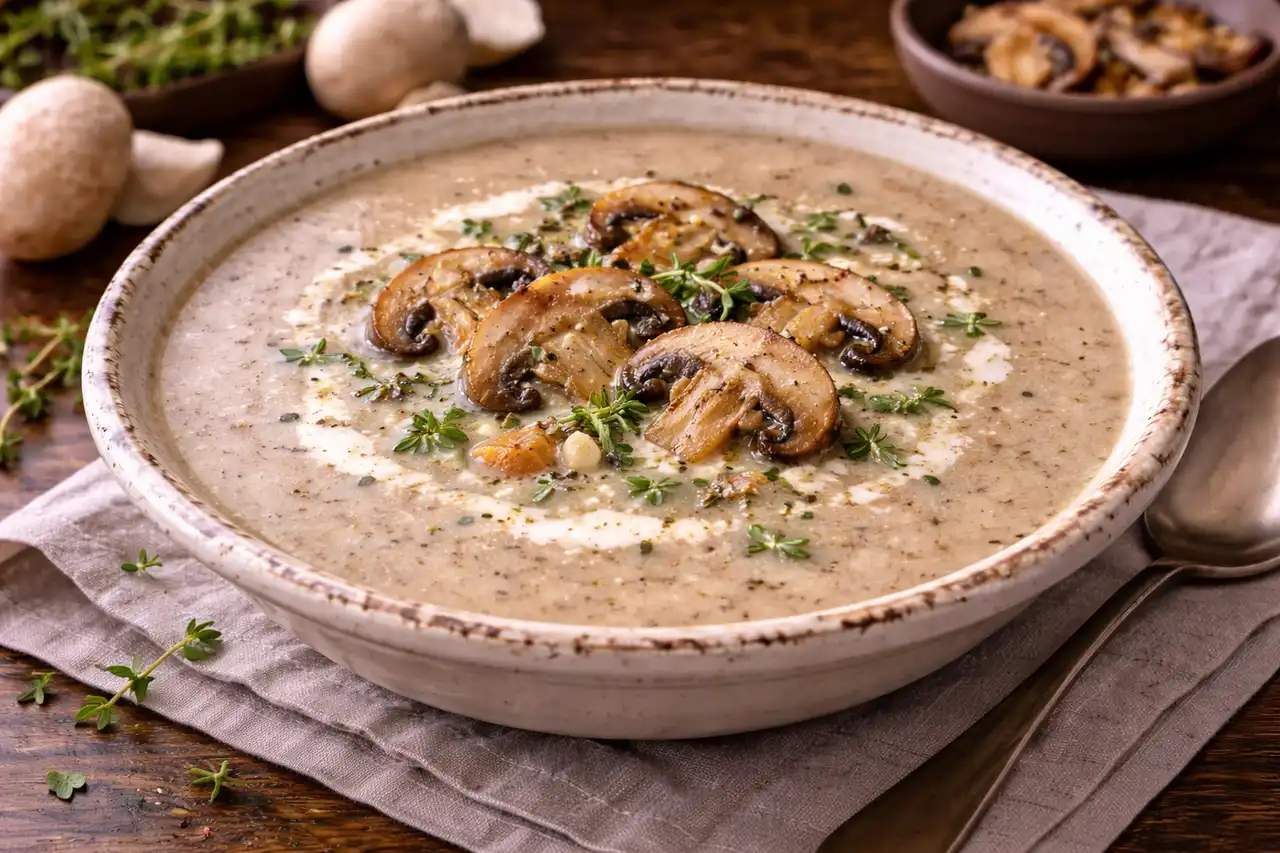 Нежный крем-суп из шампиньонов со сливками и деликатным ароматом тимьяна.