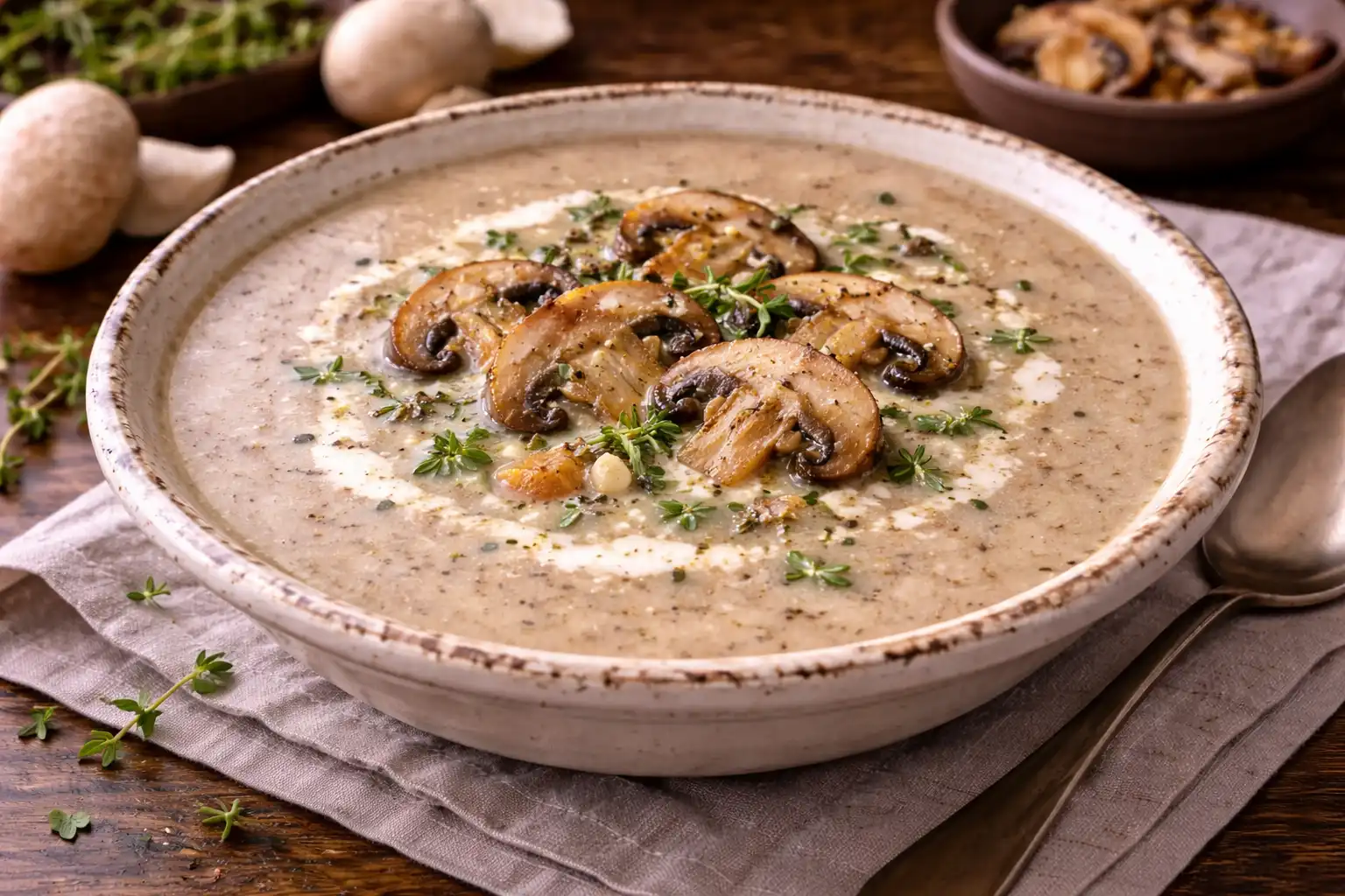 Нежный крем-суп из шампиньонов со сливками и деликатным ароматом тимьяна.