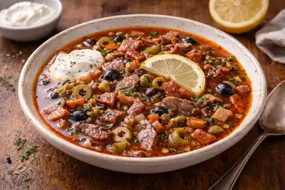 Насыщенная мясная солянка с копчёностями, томатной основой и характерной кисло-солёной нотой.