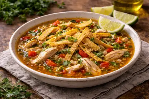 Юкатанский куриный суп с лаймом, томатами, мягкими специями и хрустящей тортильей.