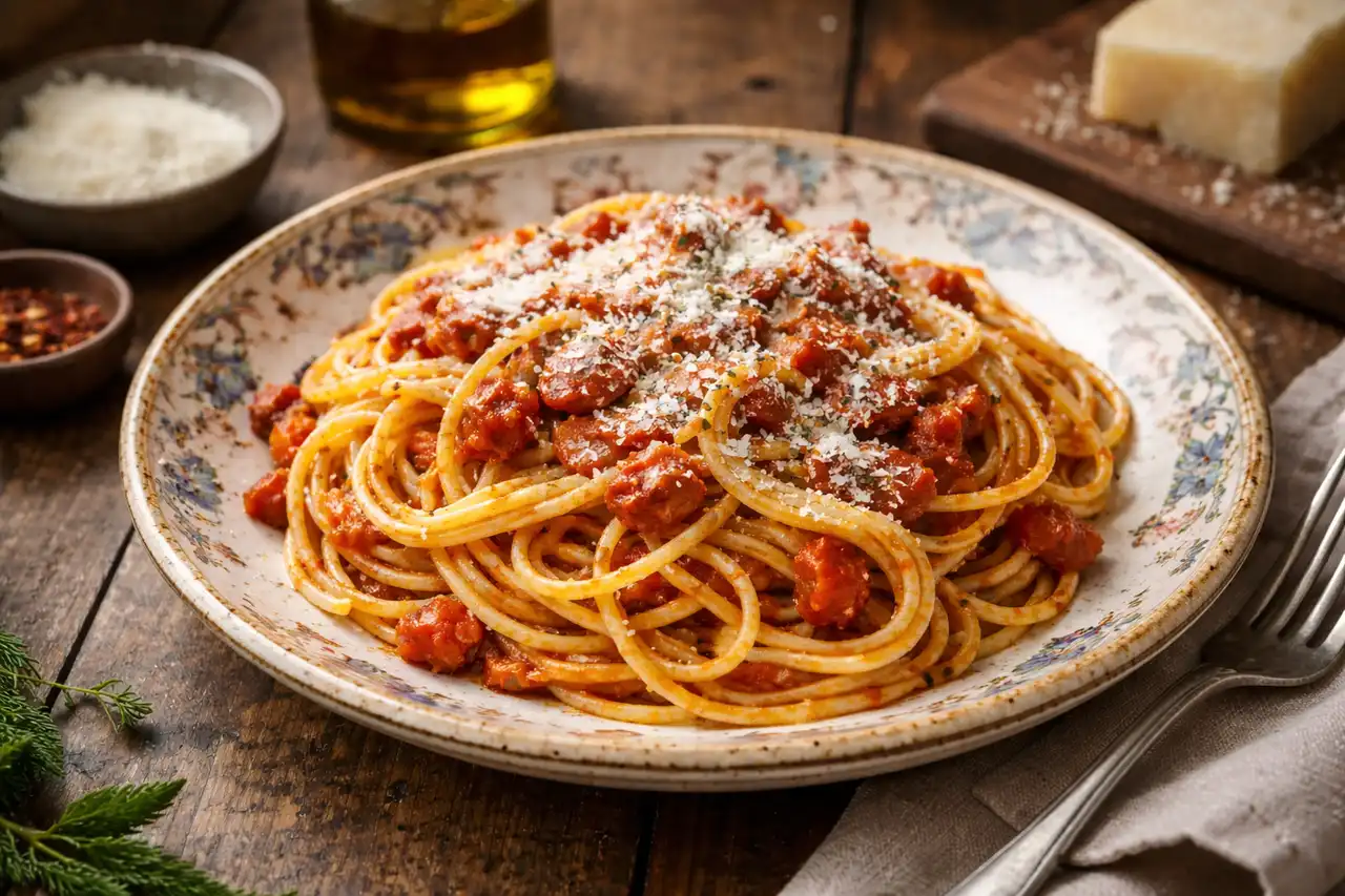 Классическая римская паста с томатным соусом, гуанчале, пекорино и чёрным перцем.