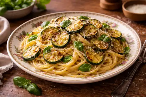 Южноитальянская паста с обжаренными кабачками, сыром и шелковистым эмульгированным соусом.